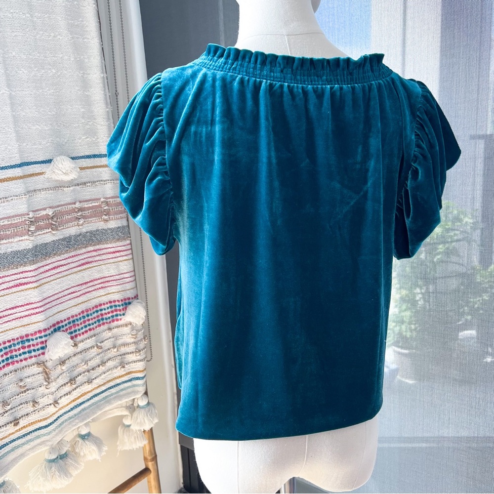 Free People Turquoise Velvet Short Puff Sleeve Pullover Top Women’s Size XS - Picture 4 of 8